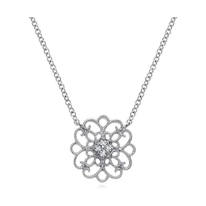 Gabriel Silver Round Filigree White Sapphire Pendant Necklace