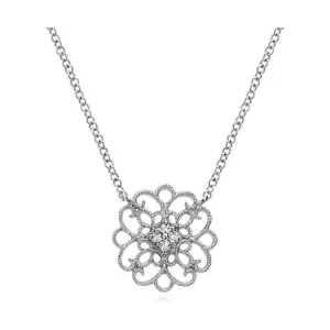 Gabriel Silver Round Filigree White Sapphire Pendant Necklace