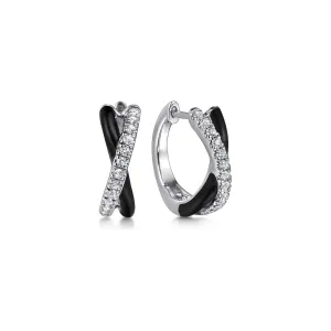 Gabriel Sterling Silver Black Enamel & White Sapphire Criss Cross Huggie