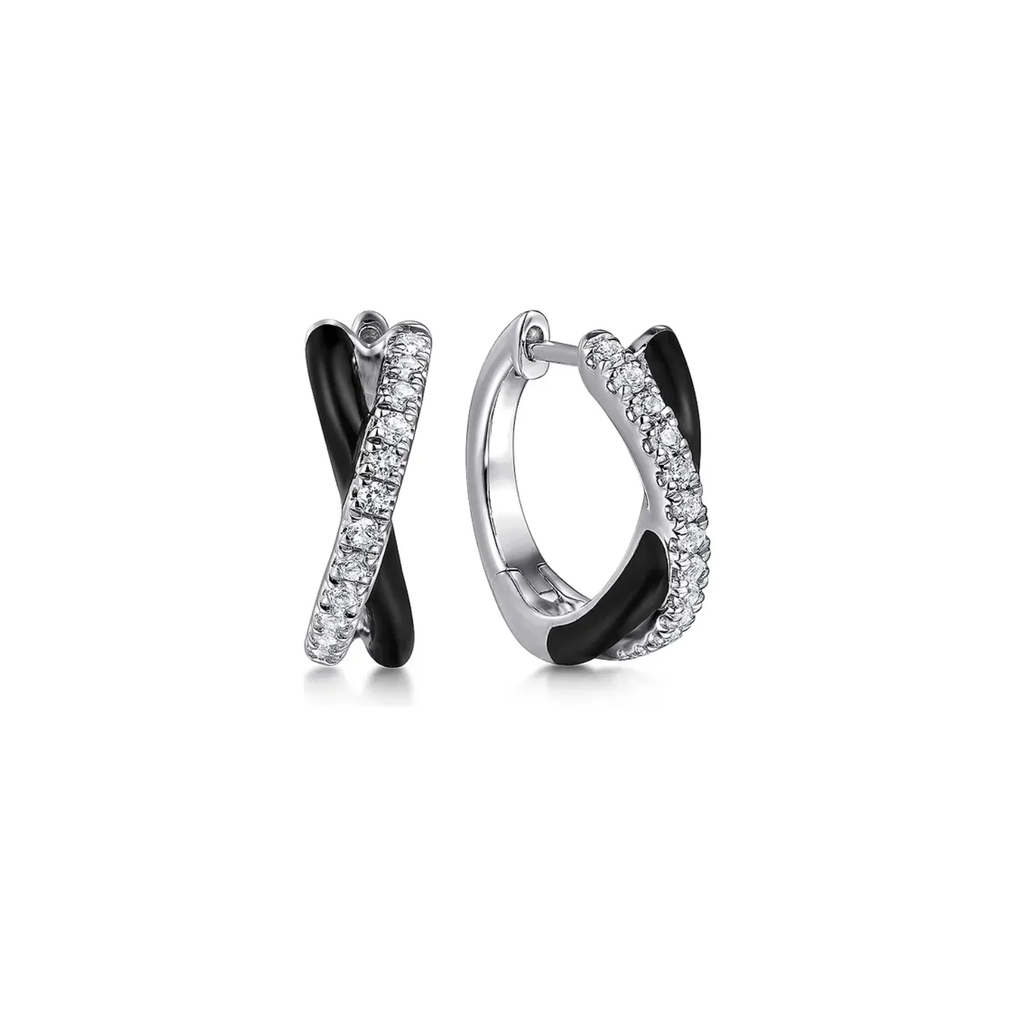 Gabriel Sterling Silver Black Enamel & White Sapphire Criss Cross Huggie