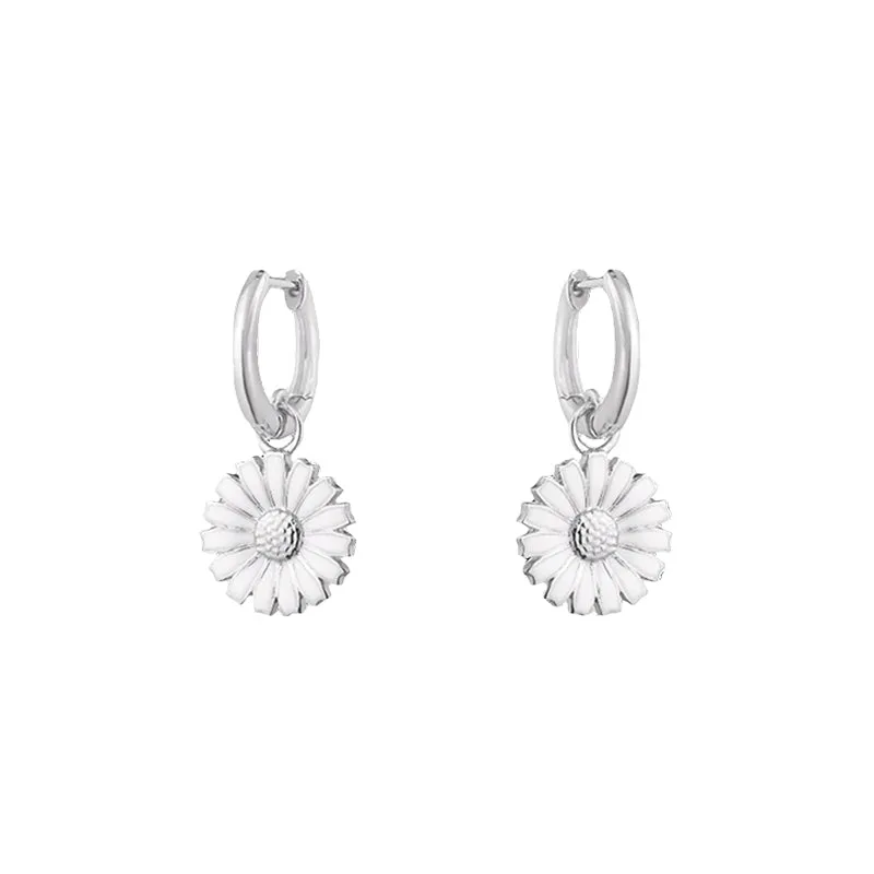 Georg Jensen Daisy Sterling Silver White Enamel Hoop Earrings