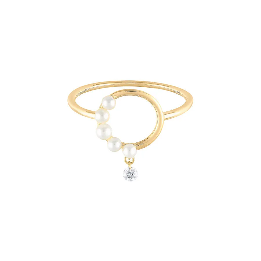 Half Pearl Aphrodite 18K Gold Ring w. Diamond & Pearls