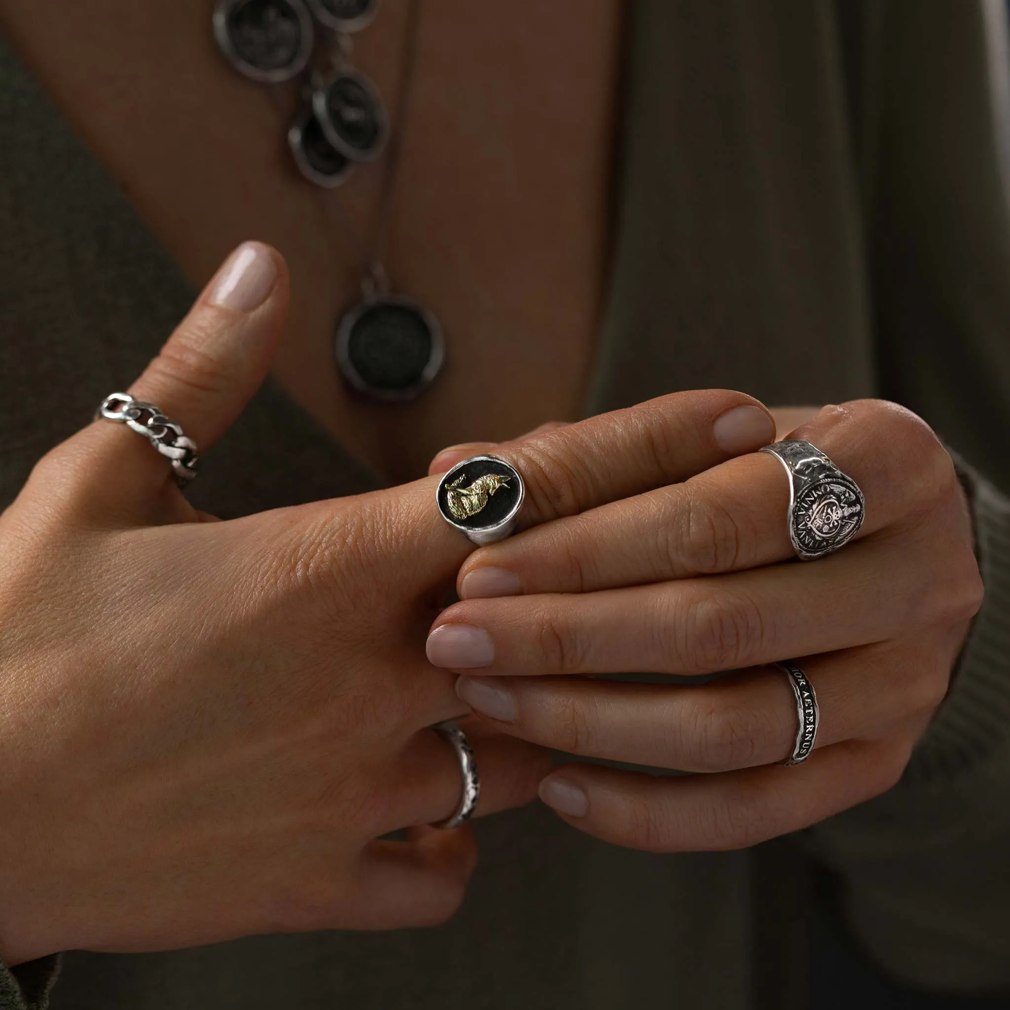 Hummingbird 14K Gold on Silver Signet Ring