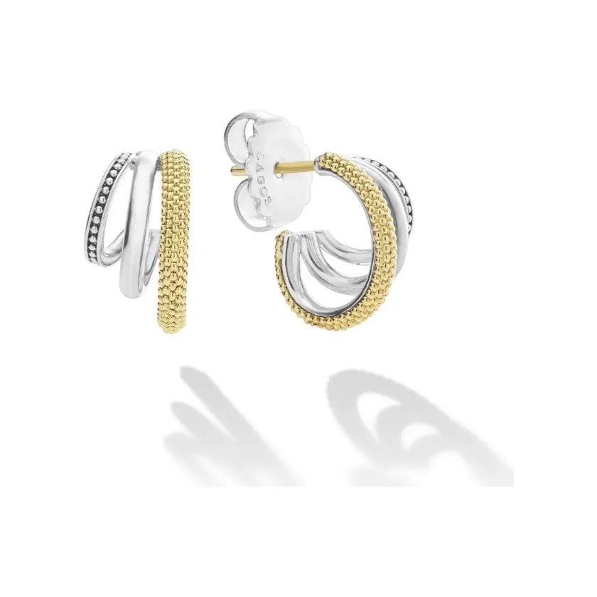 Lagos 18K & Sterling Silver Signature Three Ring Small Hoop Earrings