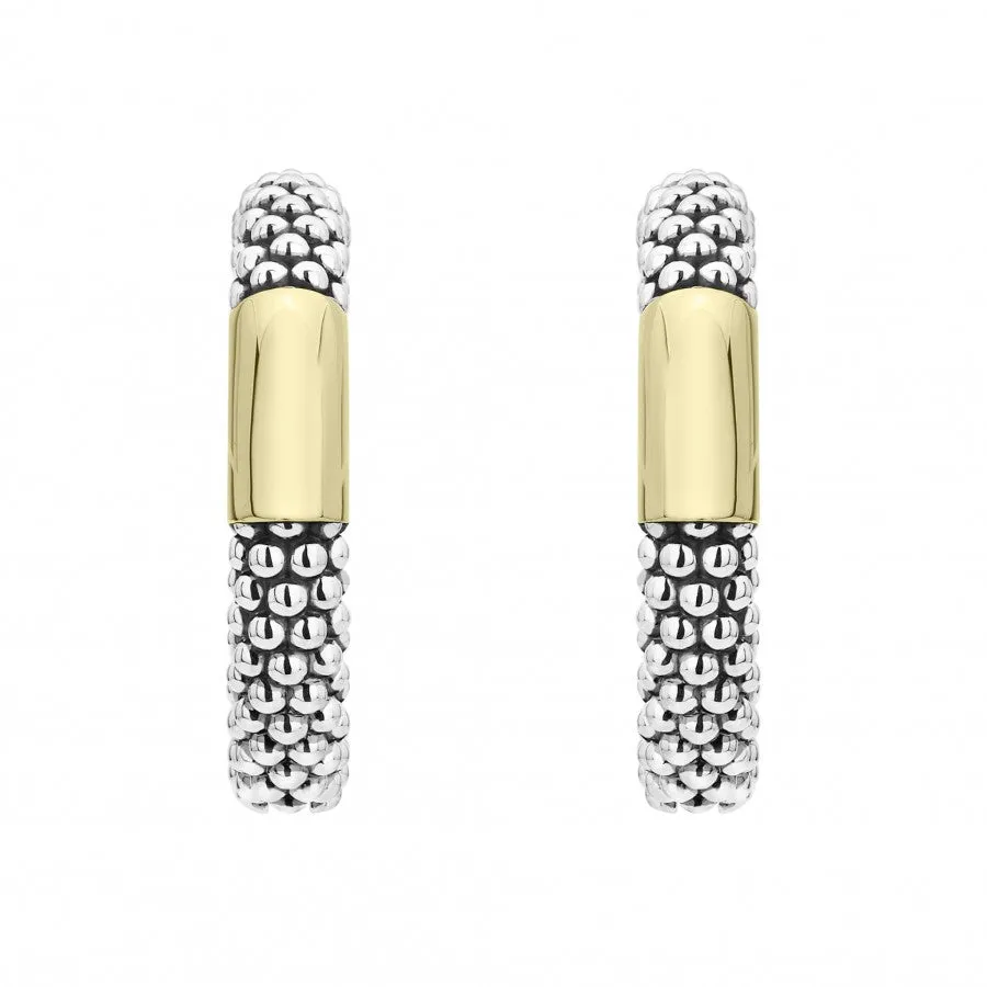 Lagos 18K and Sterling Silver High Bar 28mm Caviar Hoop Earrings