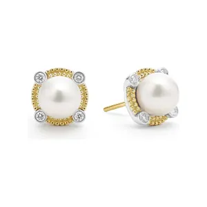 Lagos Sterling Silver & 18K Gold Luna Lux Pearl & Diamond Stud Earrings