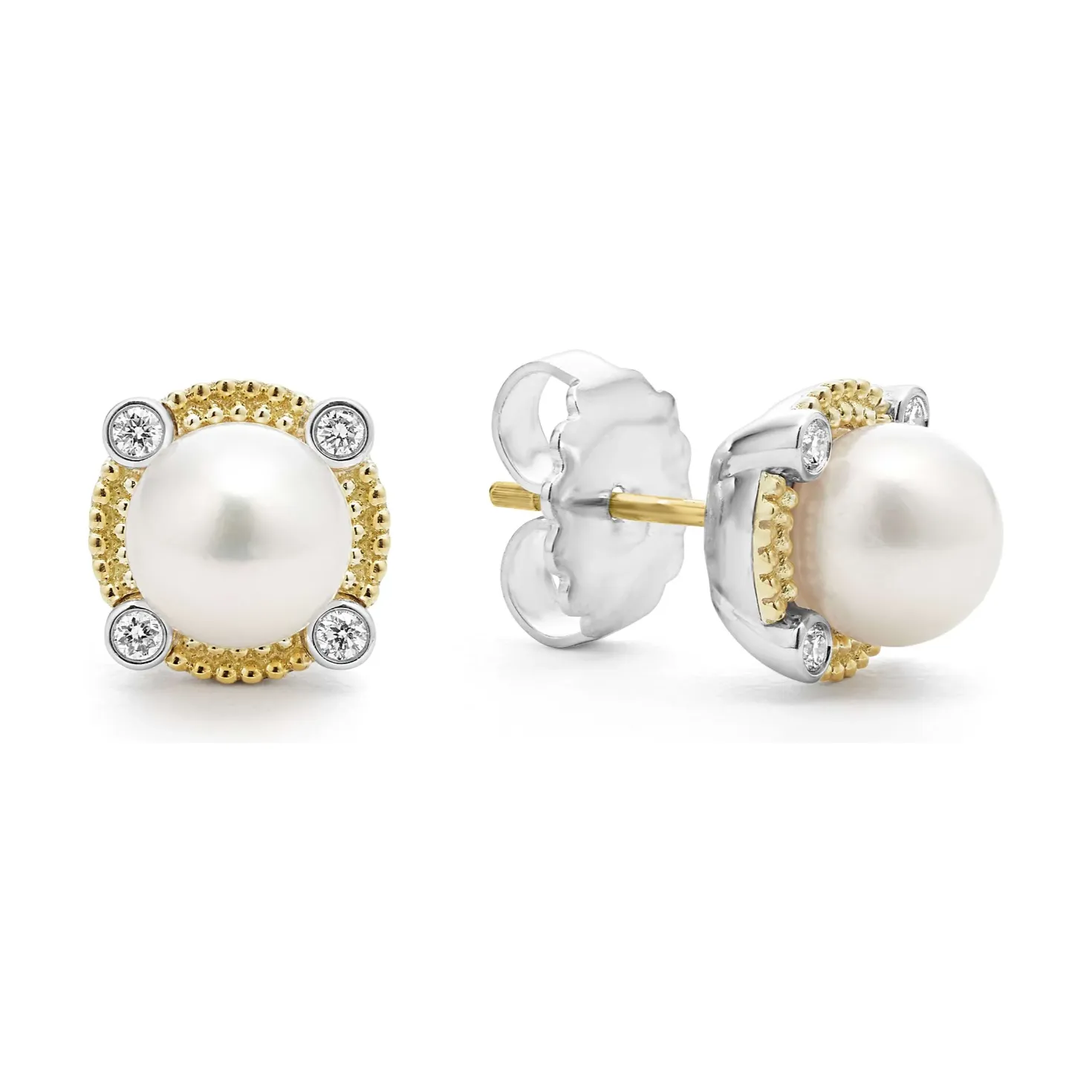 Lagos Sterling Silver & 18K Gold Luna Lux Pearl & Diamond Stud Earrings