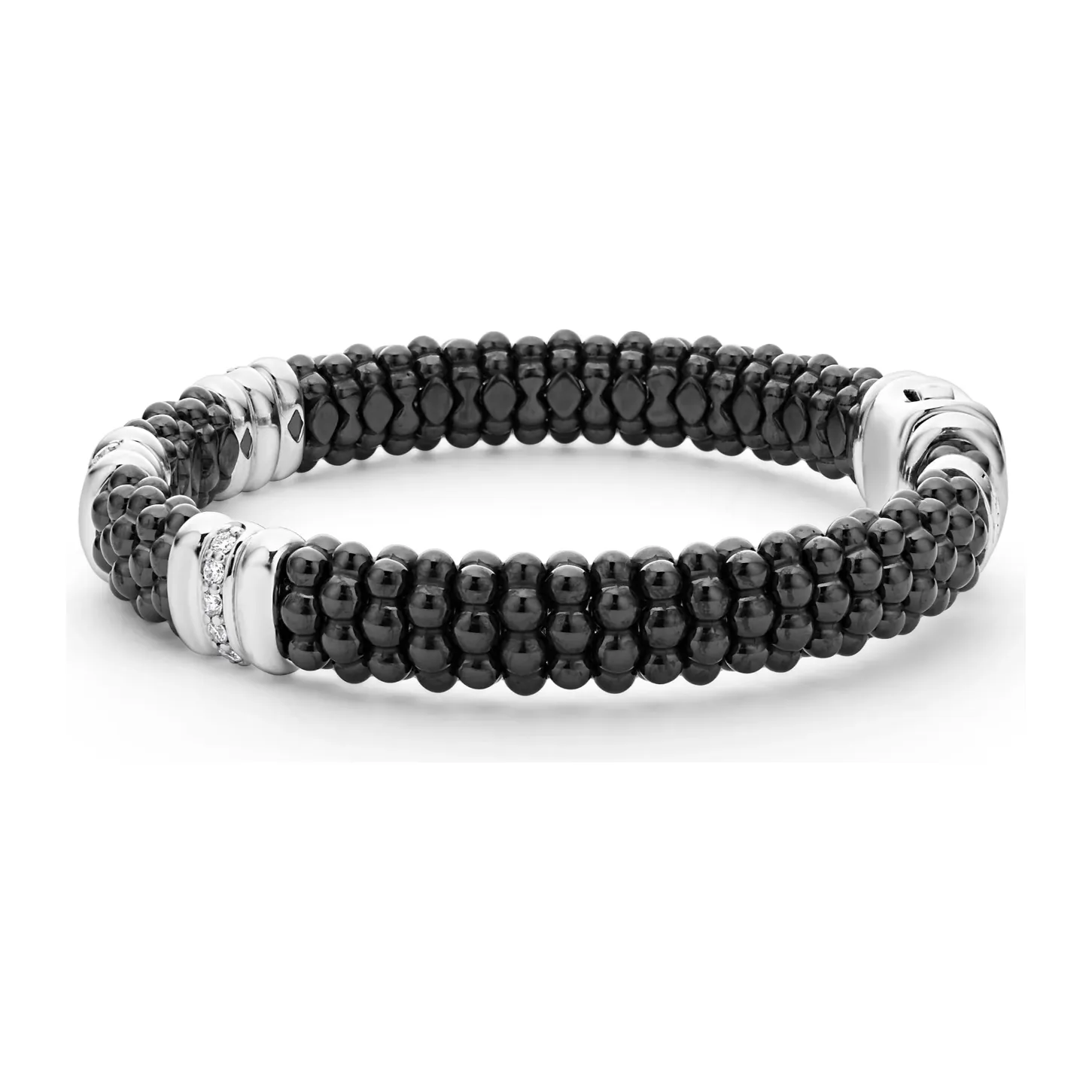 Lagos Sterling Silver Black Caviar Ceramic 3 Diamond Station Bracelet