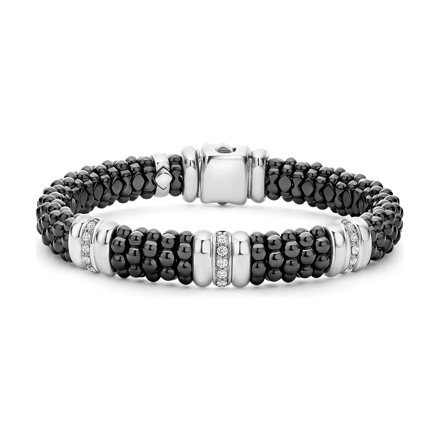 Lagos Sterling Silver Black Caviar Ceramic 3 Diamond Station Bracelet