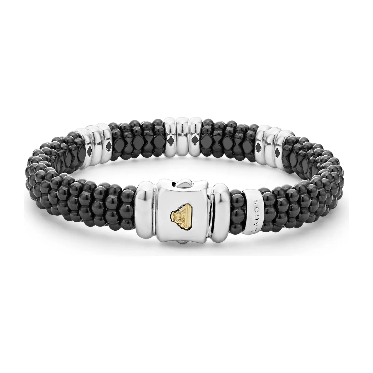 Lagos Sterling Silver Black Caviar Ceramic 3 Diamond Station Bracelet
