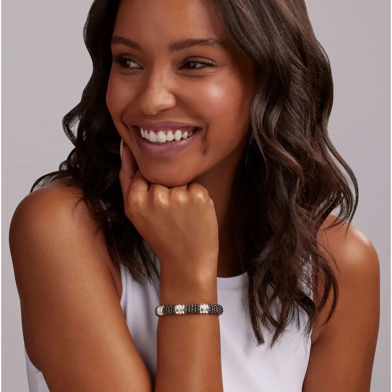 Lagos Sterling Silver Black Caviar Ceramic 3 Diamond Station Bracelet