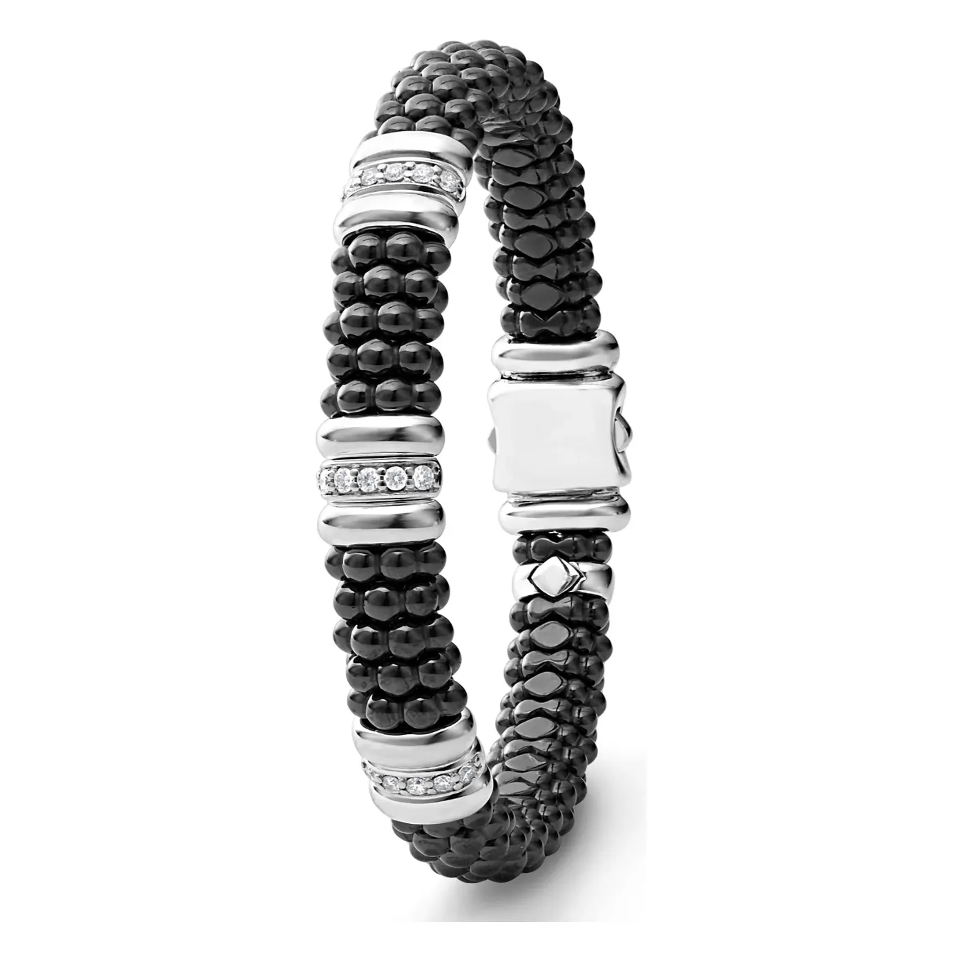 Lagos Sterling Silver Black Caviar Ceramic 3 Diamond Station Bracelet