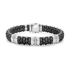 Lagos Sterling Silver Black Caviar Ceramic 3 Diamond Station Bracelet