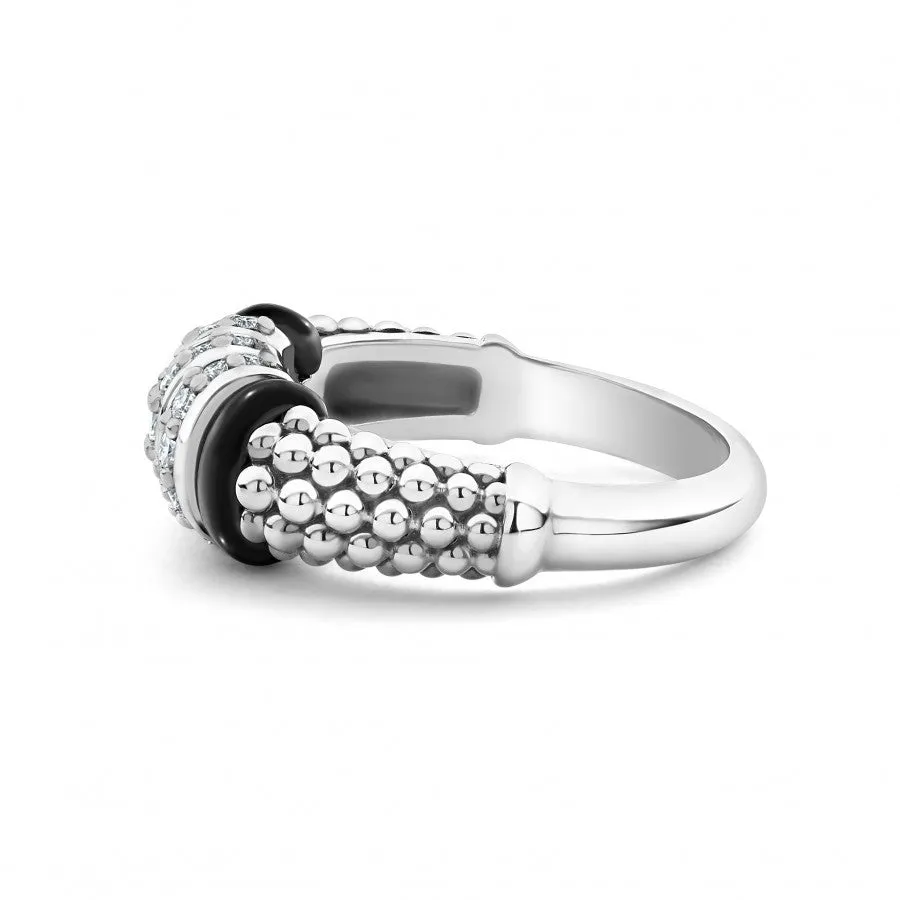 Lagos Sterling Silver Black Caviar Diamond 3 Link Fashion Ring