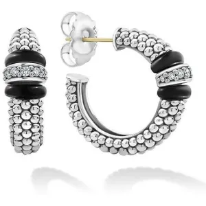 Lagos Sterling Silver Black Caviar Diamond Hoop Earrings