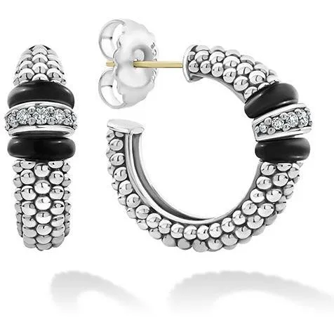 Lagos Sterling Silver Black Caviar Diamond Hoop Earrings