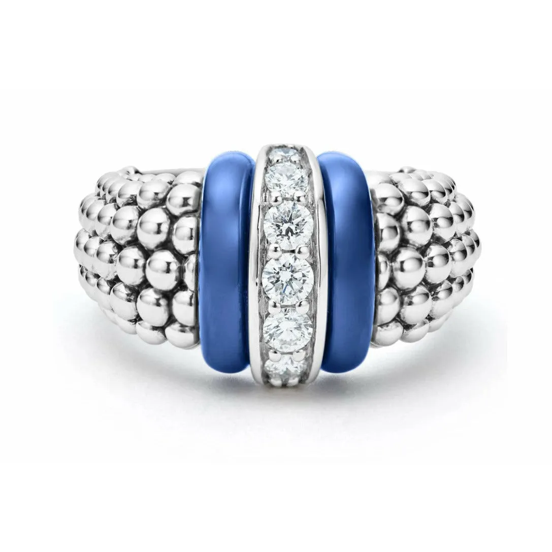 Lagos Sterling Silver Blue Ultramarine Caviar 1 Diamond Station Fashion Ring