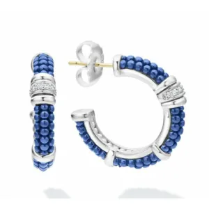 Lagos Sterling Silver Blue Ultramarine Caviar Diamond Hoop Earrings