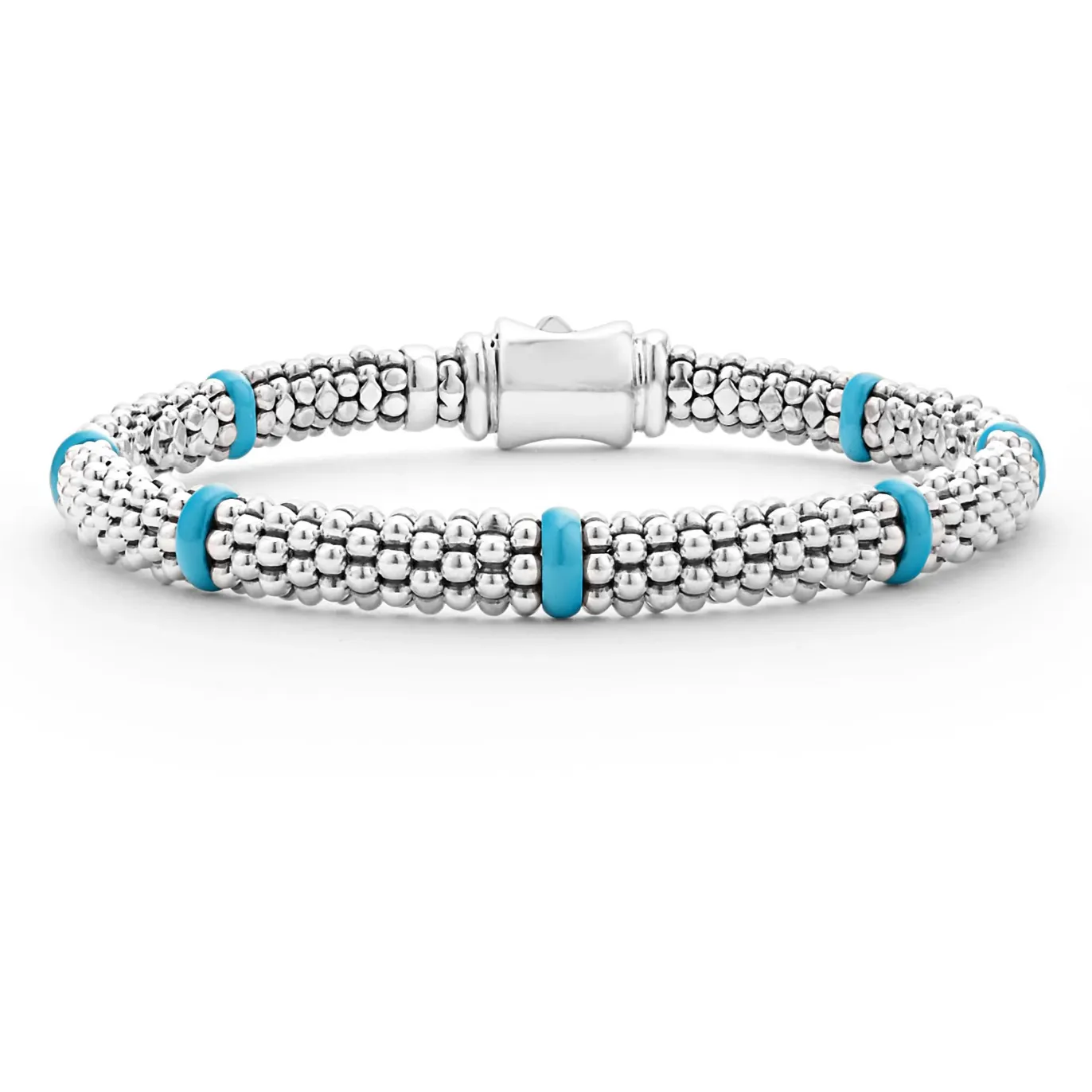 Lagos Sterling Silver Caviar Blue Ceramic 7 Station Bracelet