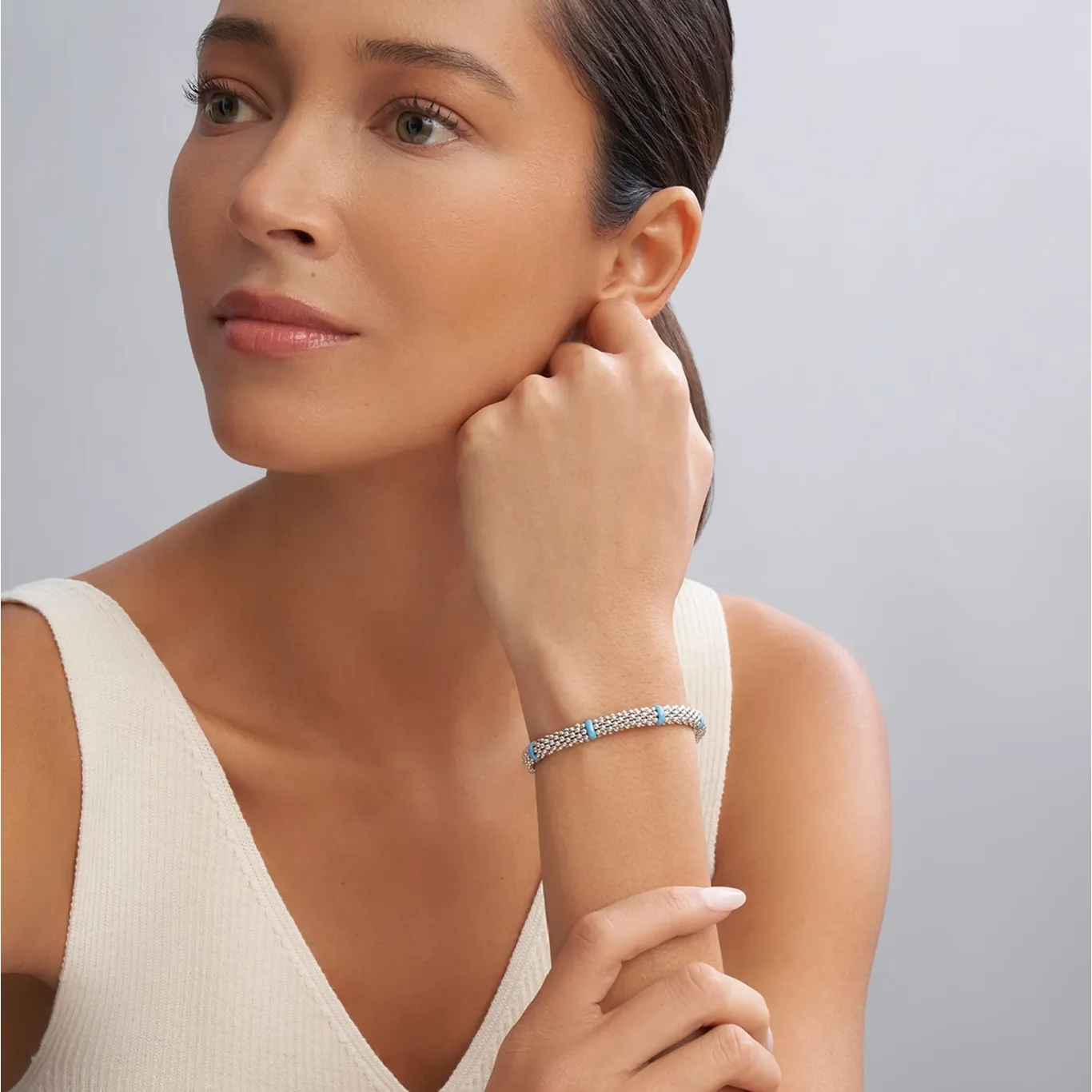 Lagos Sterling Silver Caviar Blue Ceramic 7 Station Bracelet