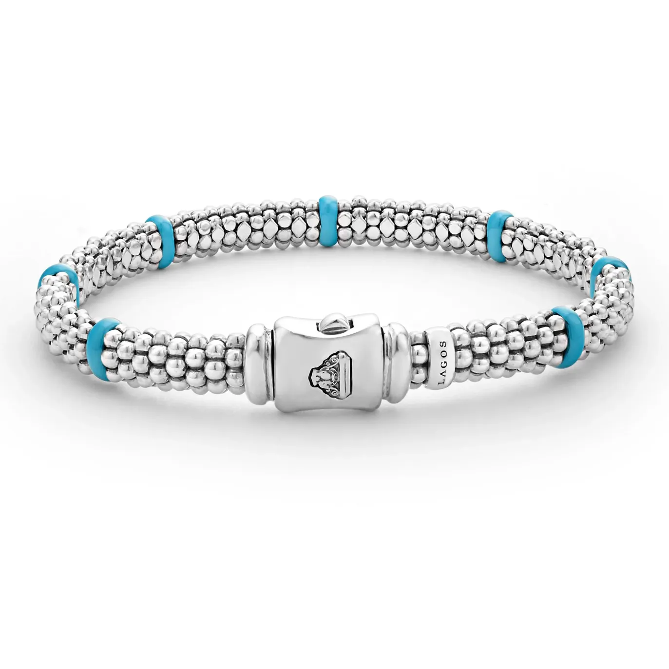 Lagos Sterling Silver Caviar Blue Ceramic 7 Station Bracelet