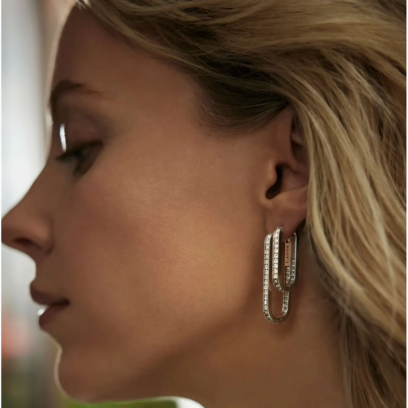 Lagos Sterling Silver Caviar Spark Diamond Linear Hoops