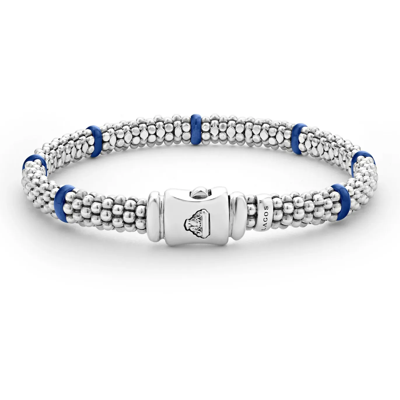 Lagos Sterling Silver Caviar Ultramarine Blue Ceramic 7 Station Bracelet