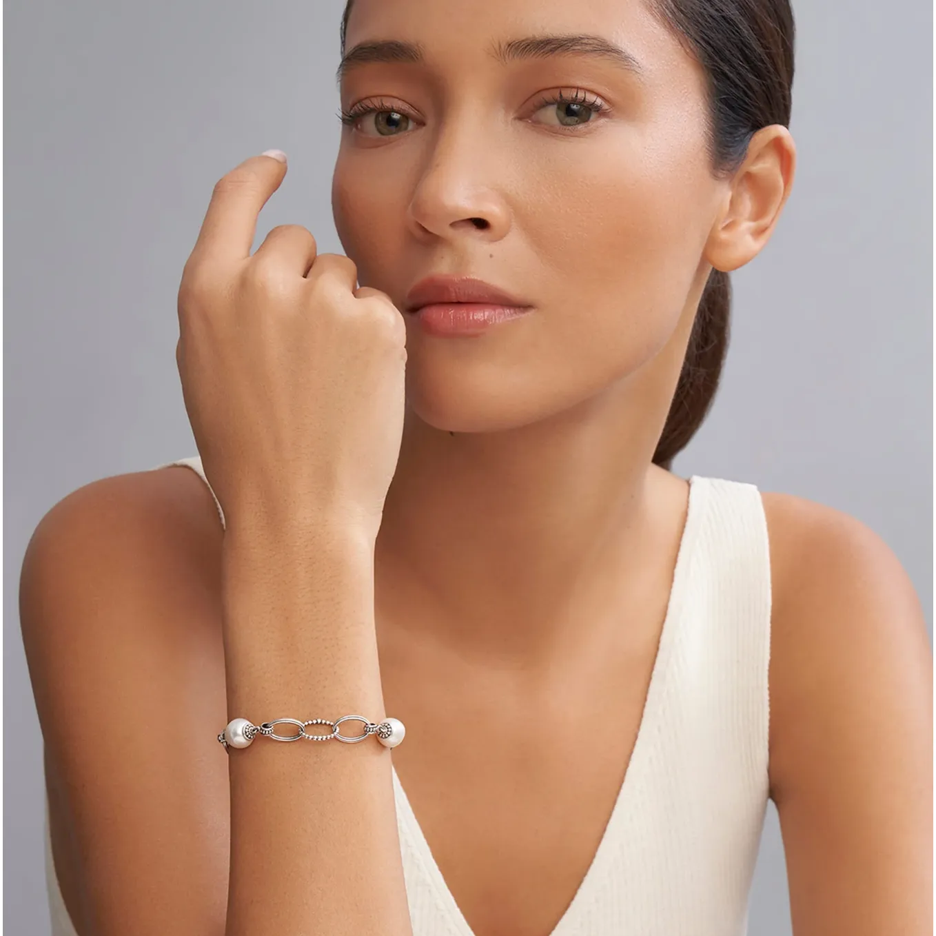 Lagos Sterling Silver Luna Pearl 3 Station Link Bracelet