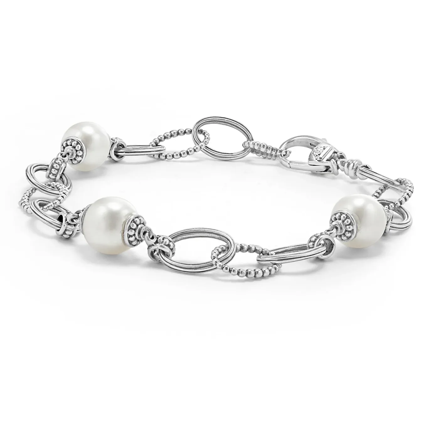 Lagos Sterling Silver Luna Pearl 3 Station Link Bracelet