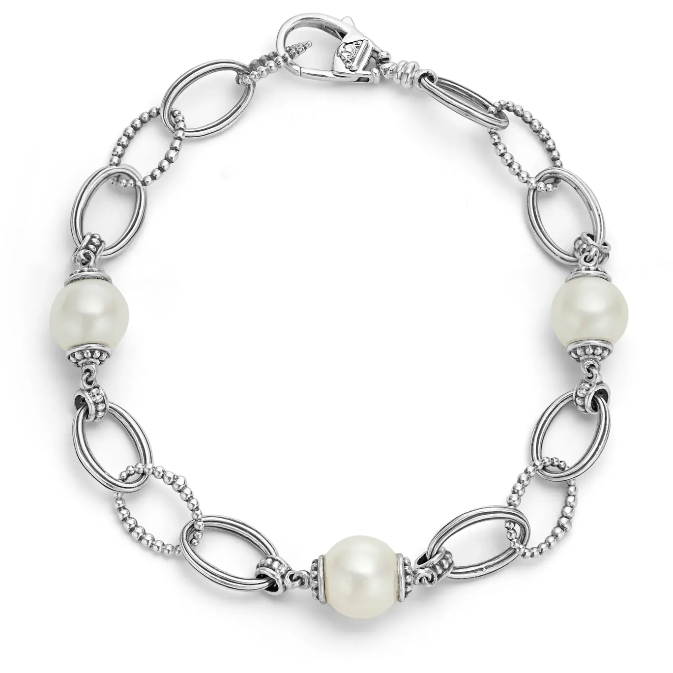 Lagos Sterling Silver Luna Pearl 3 Station Link Bracelet