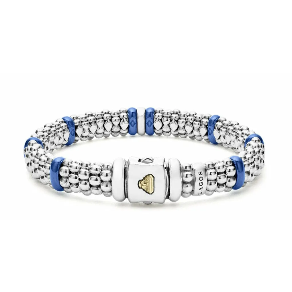 Lagos Sterling Silver Ultramarine Caviar Ceramic Single Diamond Station Bracelet