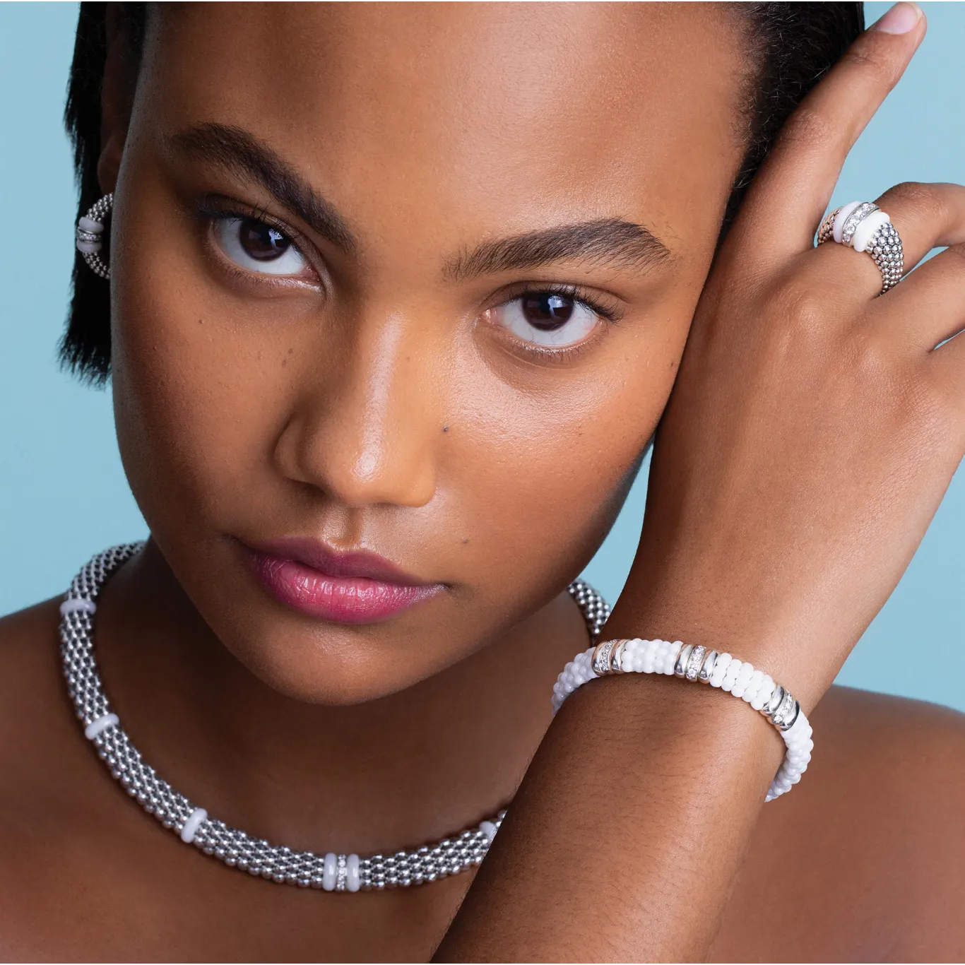 Lagos Sterling Silver White Caviar Ceramic 3 Diamond Station Bracelet
