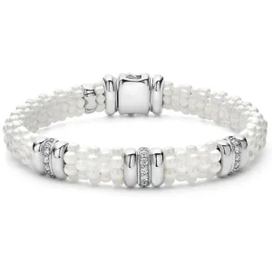 Lagos Sterling Silver White Caviar Ceramic 3 Diamond Station Bracelet