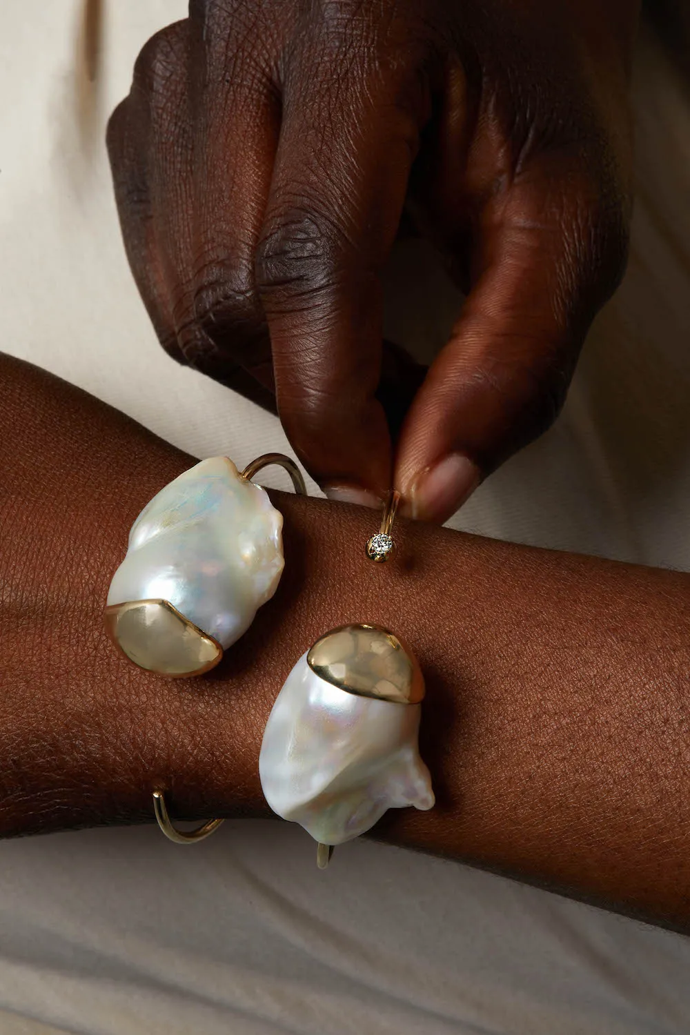 Large Fluid Pearl and Diamond Cuff 14K Gold Bracelet