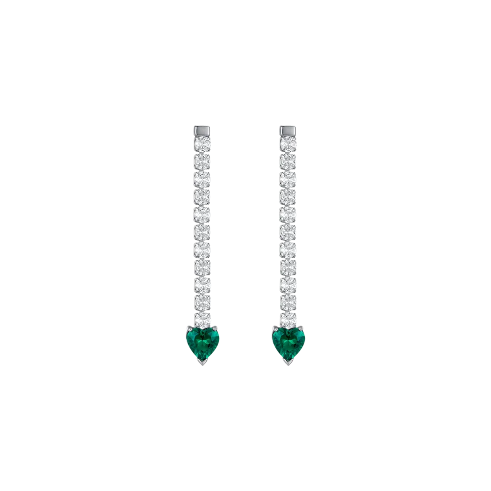 Luca Barra Ladies Steel Tennis Earrings with White Crystals and Green Crystal Hearts