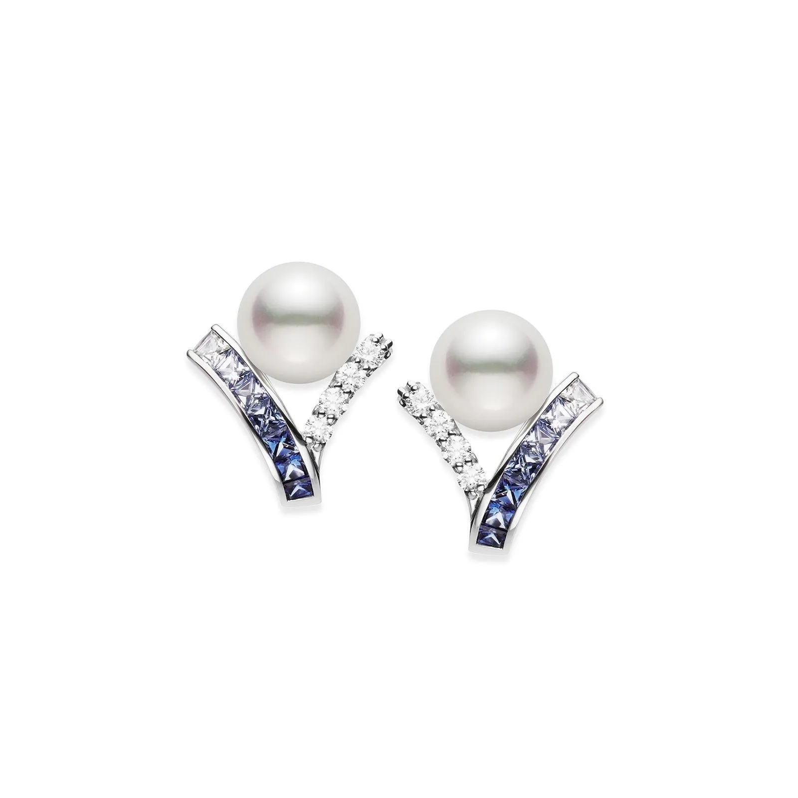Mikimoto 18ct White Gold Akoya Pearl 1.05ct Sapphire & 0.29ct Diamond Ocean Earrings