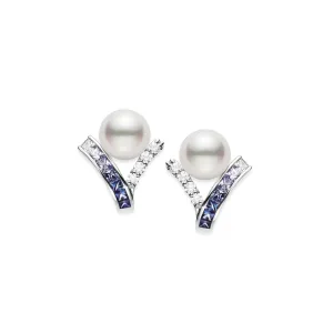 Mikimoto 18ct White Gold Akoya Pearl 1.05ct Sapphire & 0.29ct Diamond Ocean Earrings
