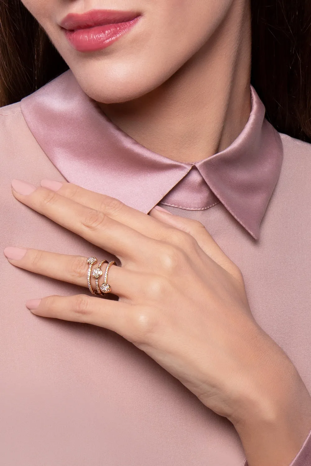 Pasquale Bruni Figlia Dei Fiori 18ct Rose Gold White and Champagne Diamond Three Flower Ring