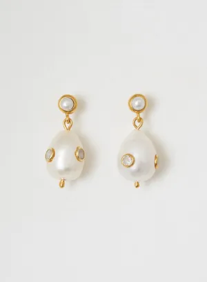Pearl on pearl 14K Gold Plated Earring w. Zirconia & Pearl