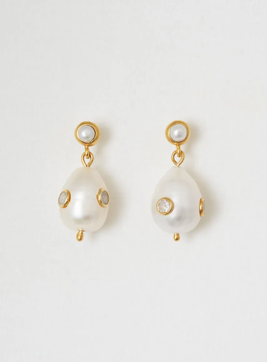 Pearl on pearl 14K Gold Plated Earring w. Zirconia & Pearl