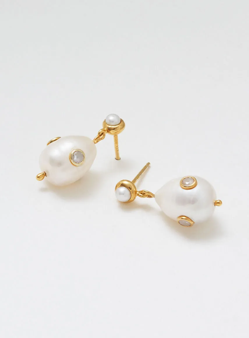 Pearl on pearl 14K Gold Plated Earring w. Zirconia & Pearl