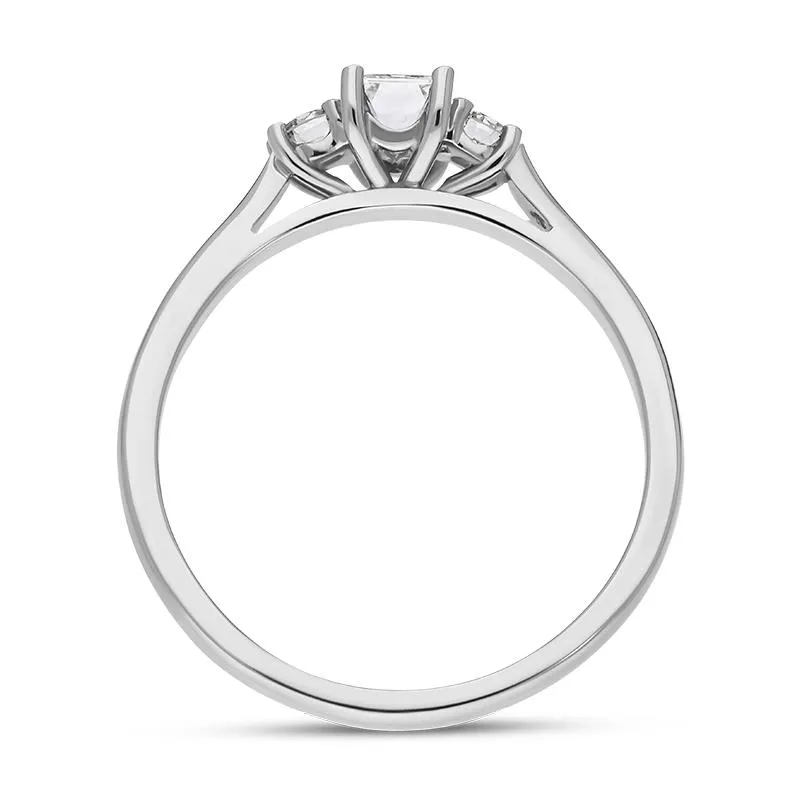 Platinum Diamond Emerald and Round Brilliant Cut Three Stone Ring