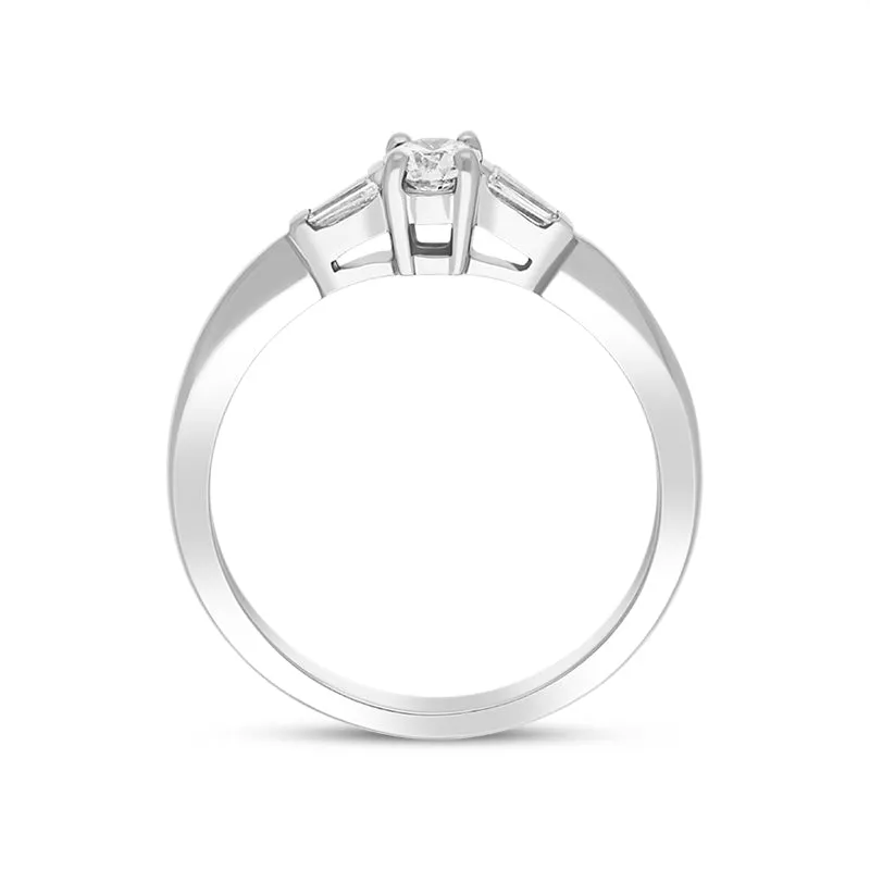Platinum Diamond Round Brilliant Tapered Baguette Cut Three Stone Ring
