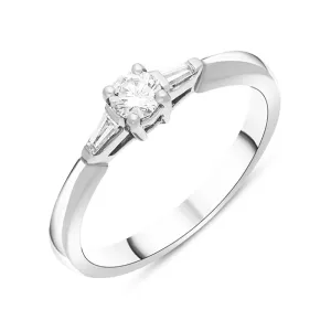 Platinum Diamond Round Brilliant Tapered Baguette Cut Three Stone Ring