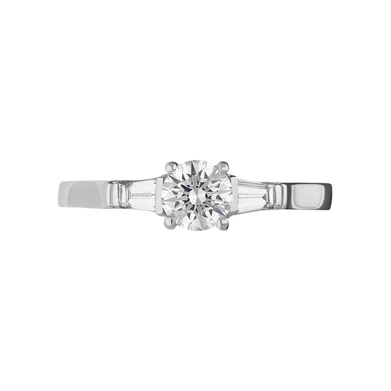 Platinum Diamond Round Brilliant Tapered Baguette Cut Three Stone Ring