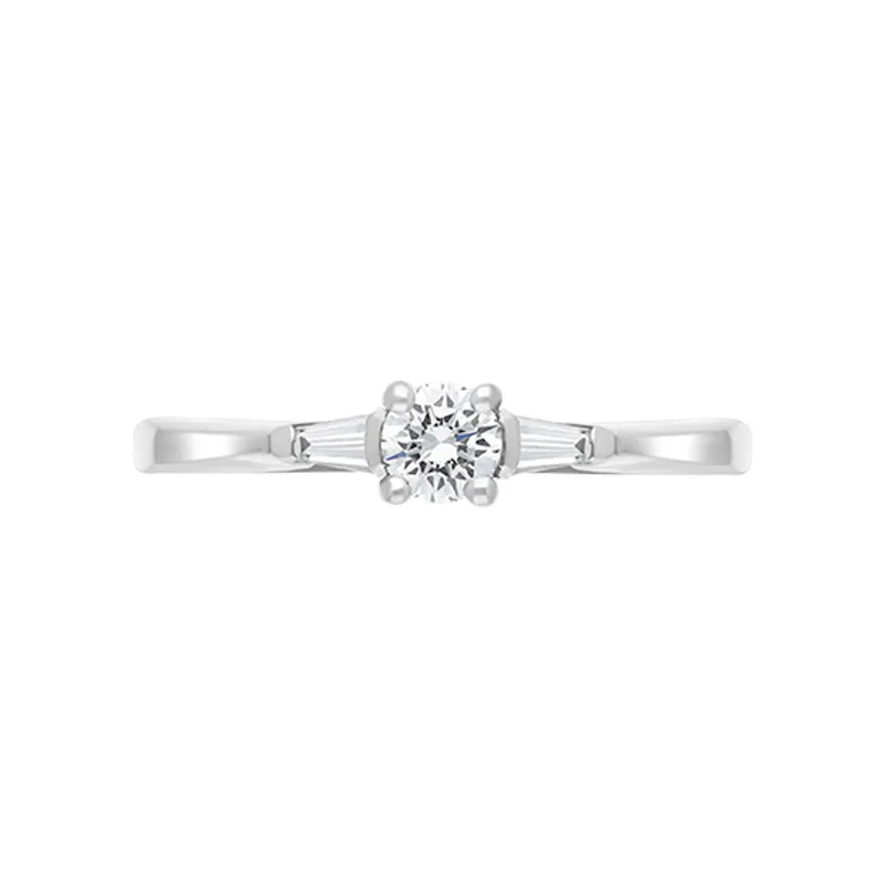 Platinum Diamond Round Brilliant Tapered Baguette Cut Three Stone Ring
