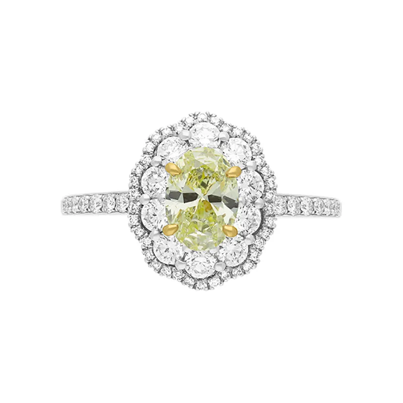 Platinum Yellow and White Diamond Oval Cluster Ring