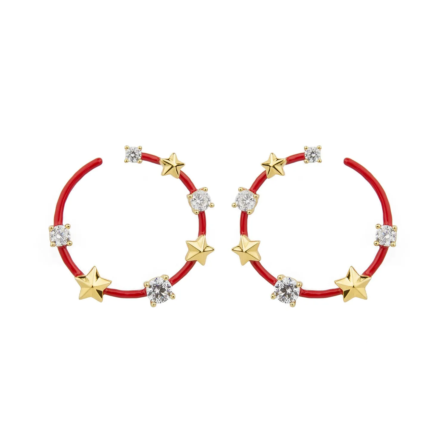 Star and Crystal Red Gold Plated Earrings w. Crystal