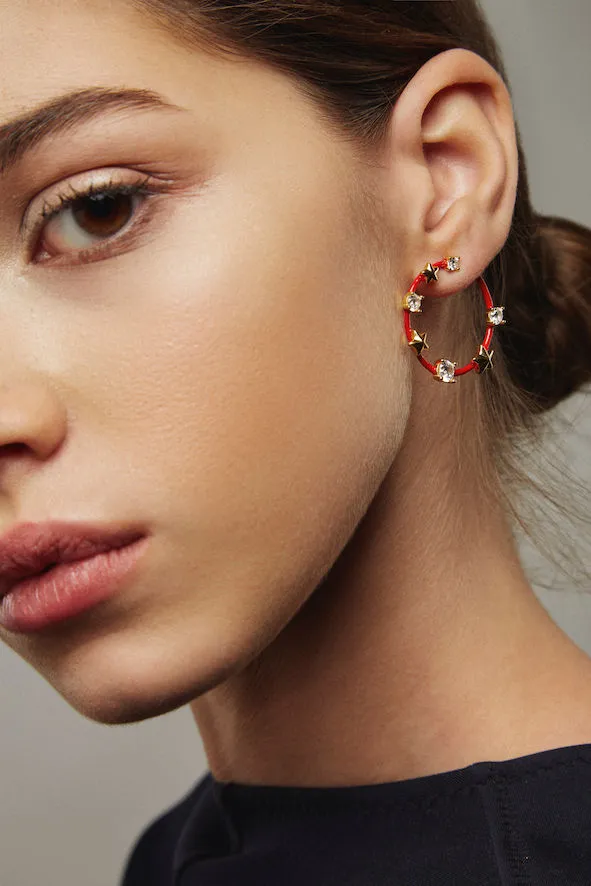 Star and Crystal Red Gold Plated Earrings w. Crystal