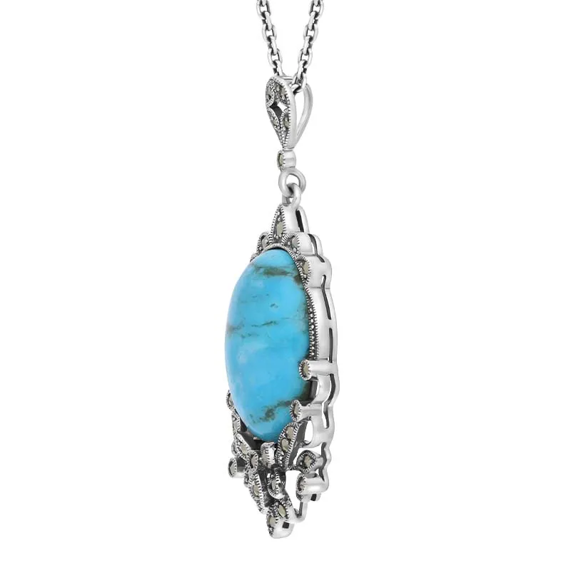 Sterling Silver Turquoise Marcasite Edge Oval Flower Large Necklace